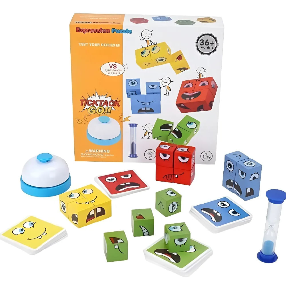 Juego Educativo de Cubos de Expresiones de Madera con Timbre y Reloj de Arena