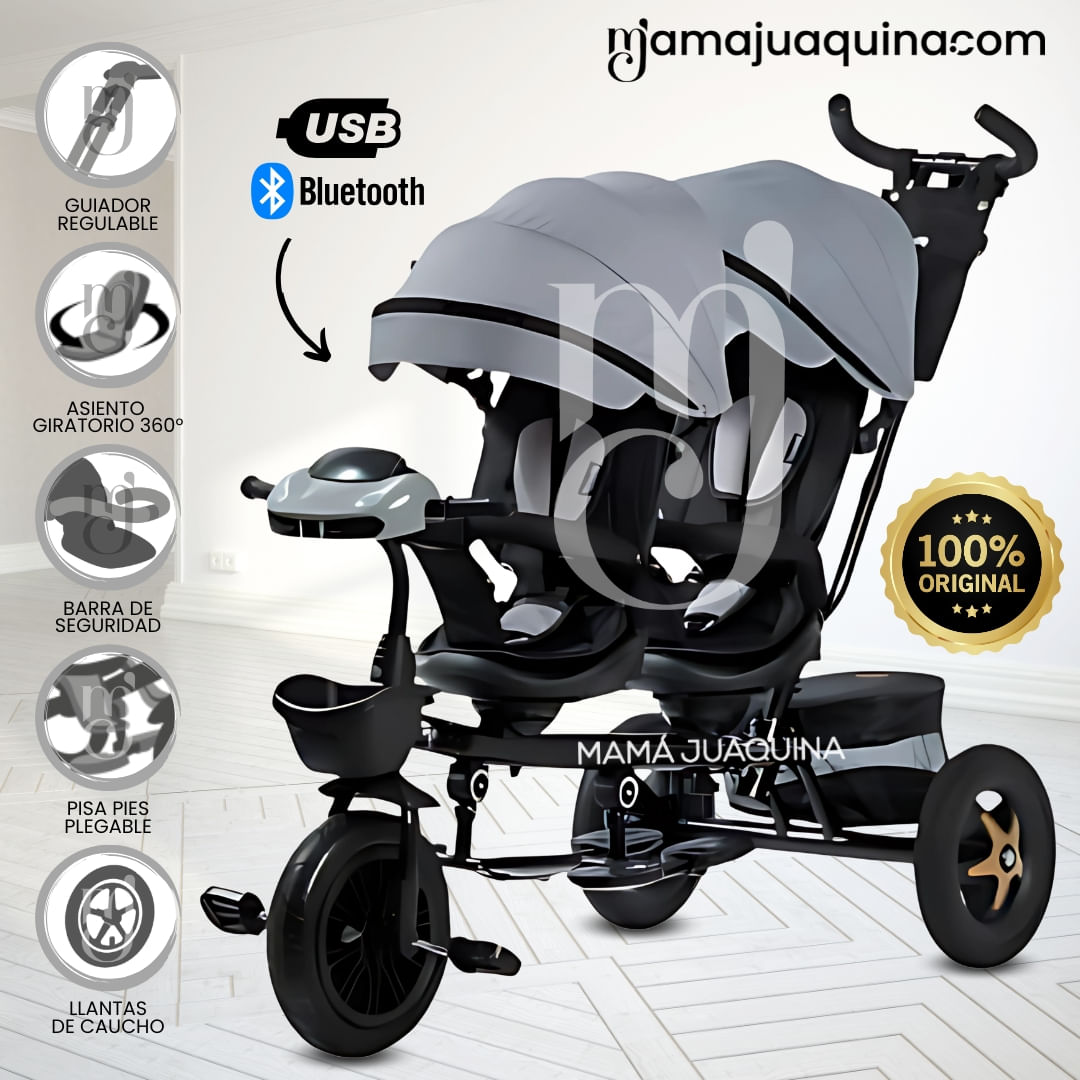 Triciclo Doble Asiento 3 en 1 «GEMELAR» USB Gris - copy