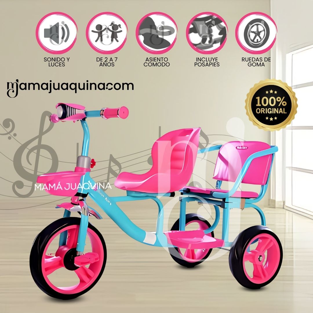 Triciclo Chavito Doble Asiento «DUO NEON» Rosa