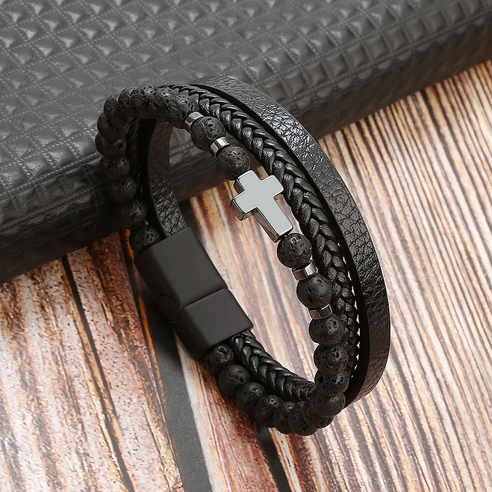 Pulseras de Cuero para Hombres Negro - Cruz