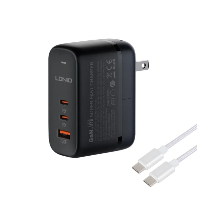 CARGADOR DE 65W CARGA ULTRA RAPIDA LDNIO Q366 INCLUYE CABLE TIPO C Y PLUGS UK EU Y US