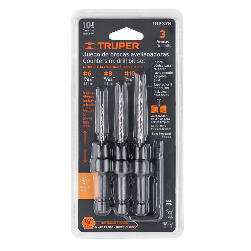 Juego de Brocas Avellanadoras HSS 1/4"" Hex para Madera 3 Piezas Truper 102378