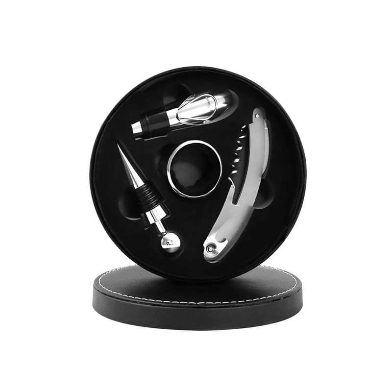 SET DE 4 PIEZAS DE VINO (WINE GIFT) EN ESTUCHE REDONDO DE CUERO NEGRO