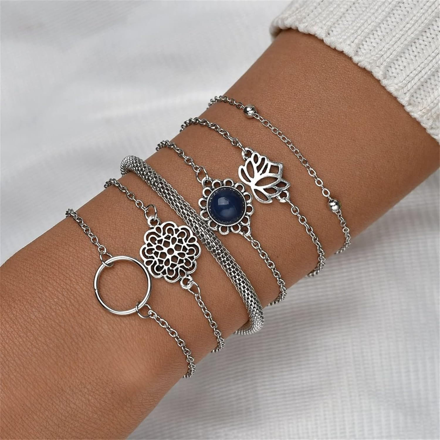 Set x 6 pulseras plateadas flor de loto para mujer