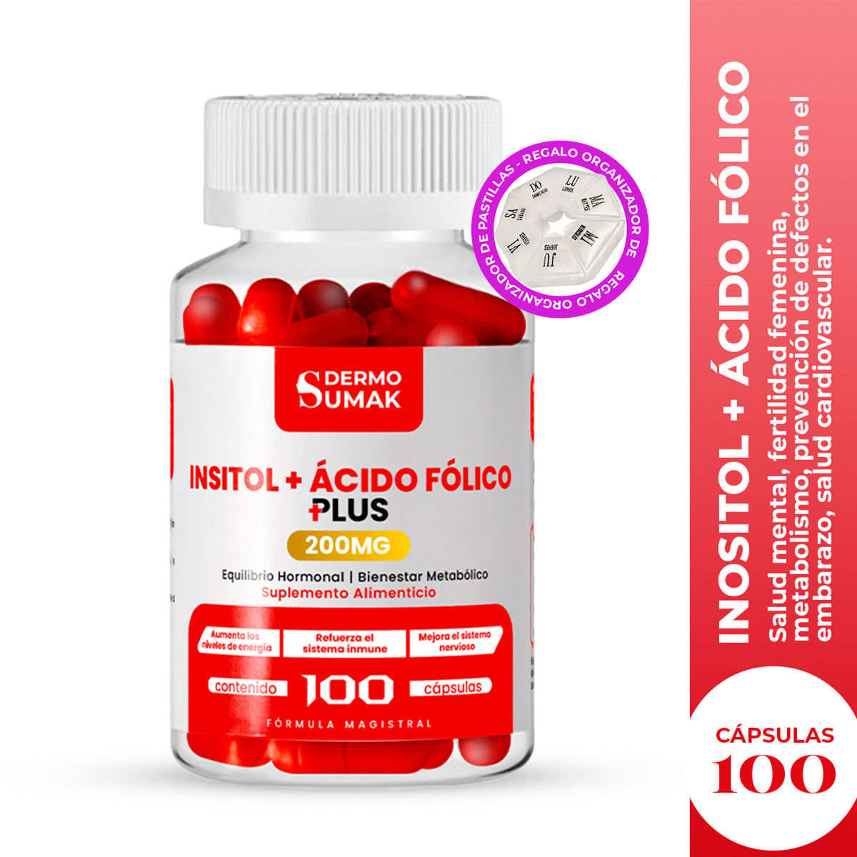 Inositol Acido Folico 100Mg 100 Cap Dermo Sumak + Pastillero