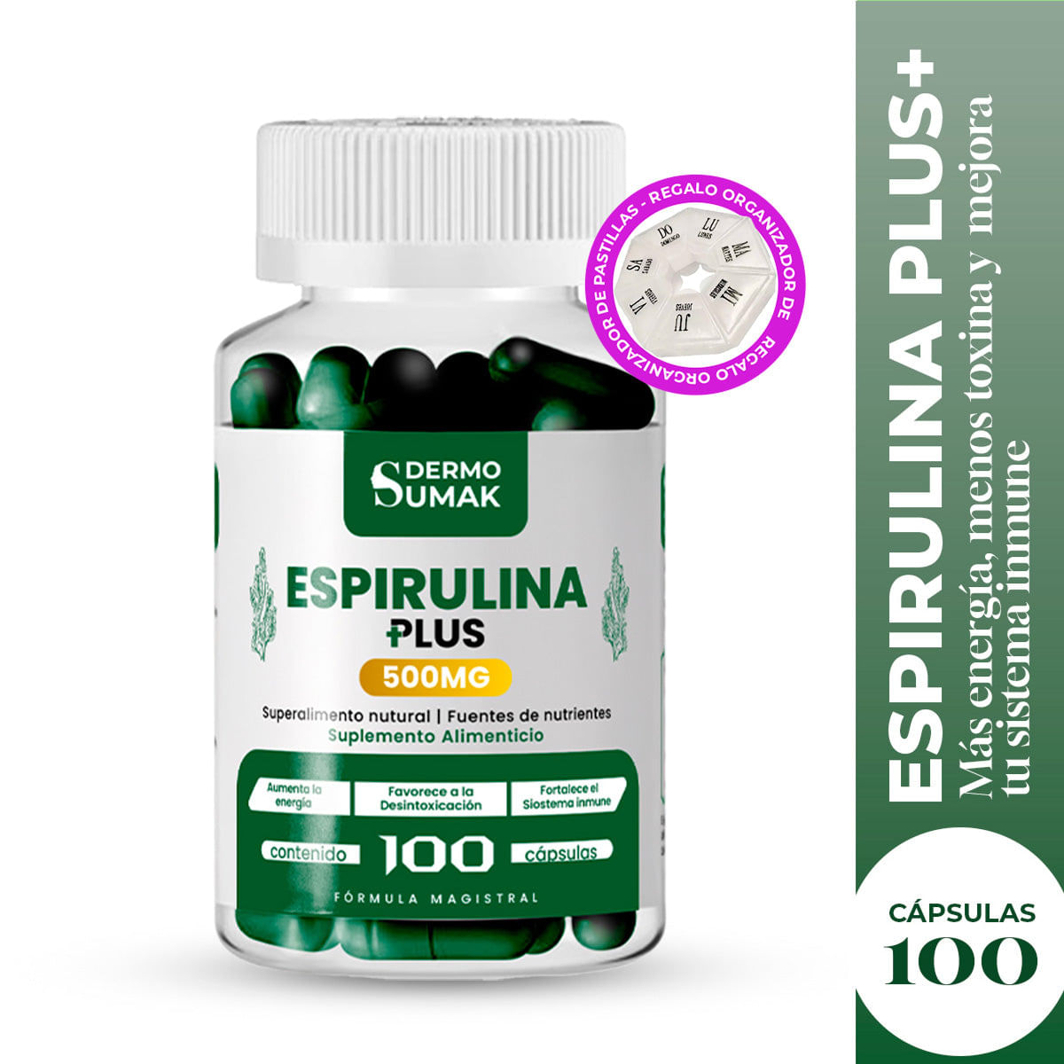 Espirulina Plus 500Mg 100 Cap Dermo Sumak + Pastillero