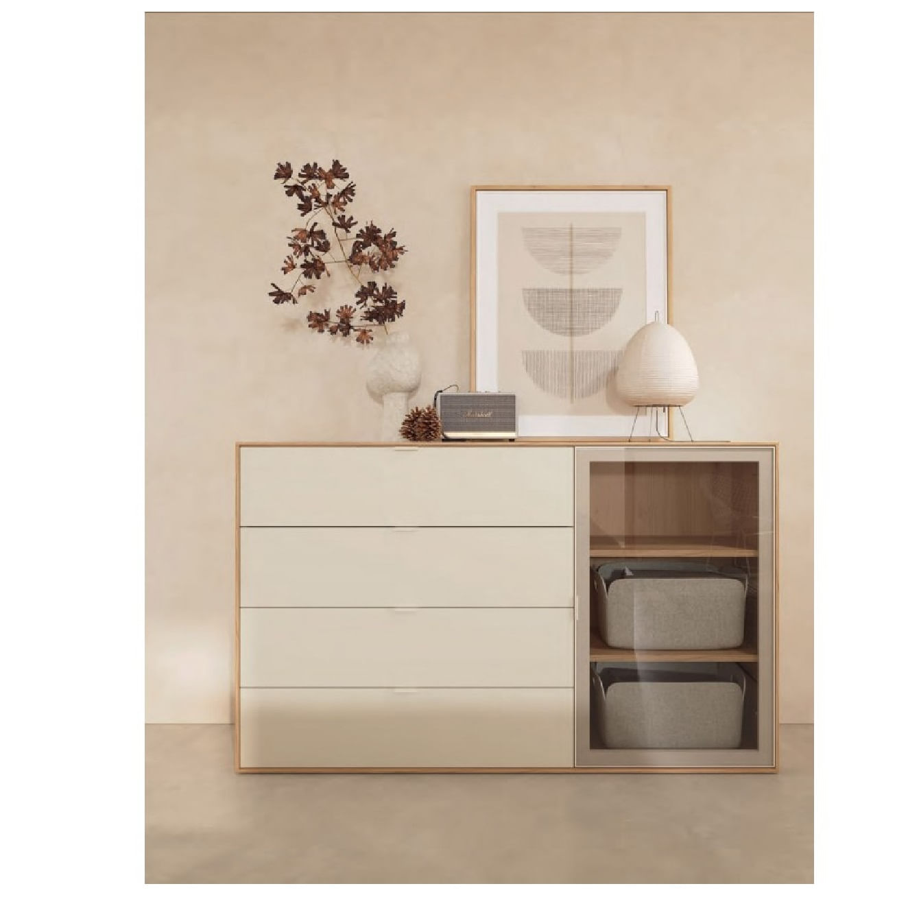 Cómoda Exclusiva Mariaté 4 cajones 1 puerta color Blanco/Duna/Gris TU MESITA
