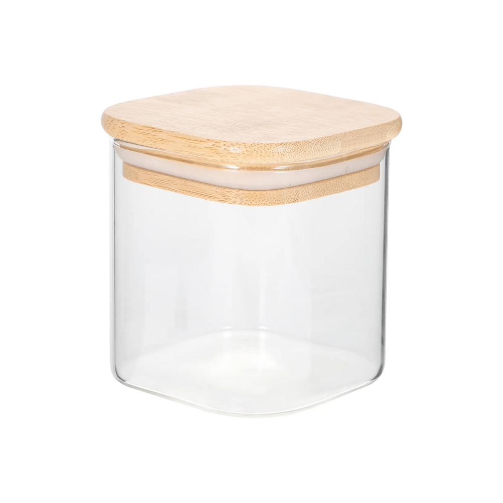 Frasco Cuadrado de Vidrio Borosilicato con Tapa de Bambú 600 ml
