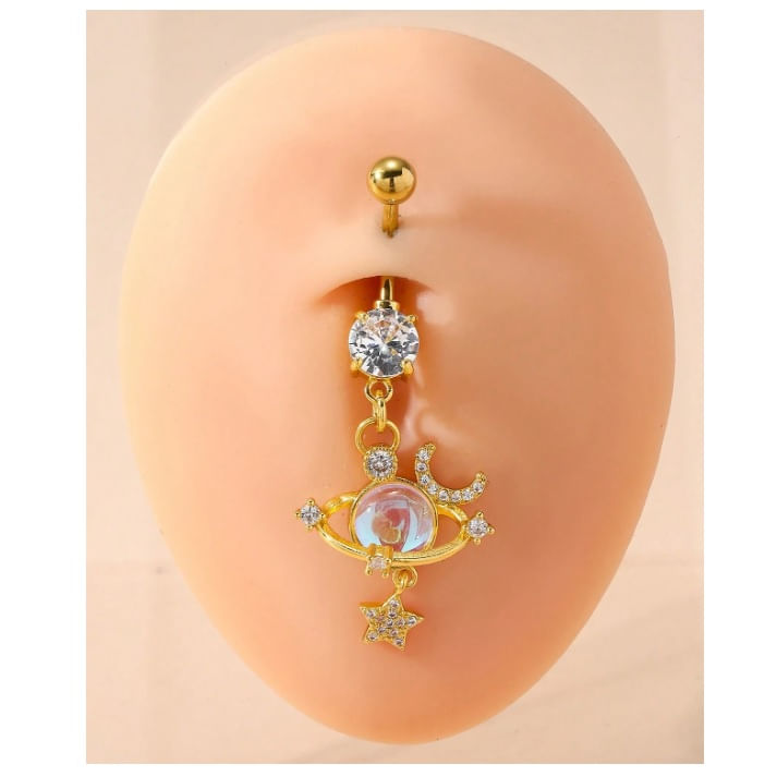 Piercing para ombligo planeta, estrella y luna dorado