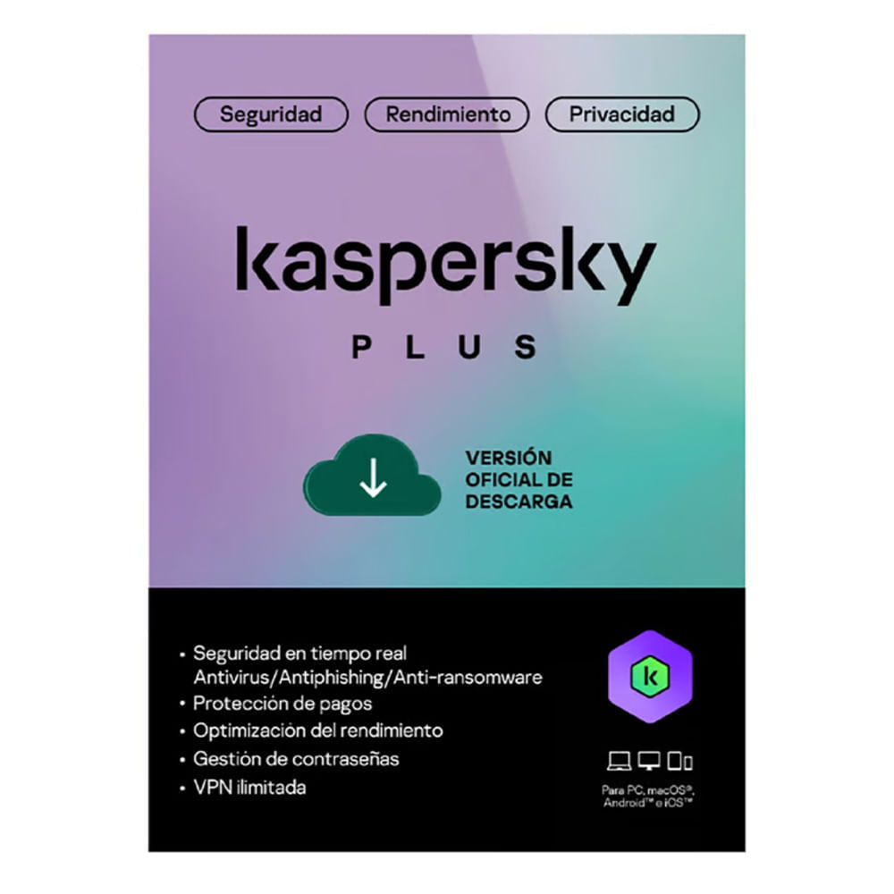 Antivirus Kaspersky Plus licencia digital, 3 dispositivos, 1 año, código online, protección Windows/macOS/Android/iOS