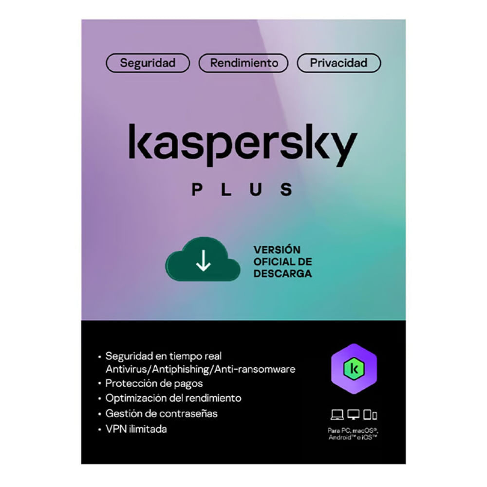 Antivirus Kaspersky Plus licencia digital, 5 dispositivos, 1 año, código online, protección Windows/macOS/Android/iOS