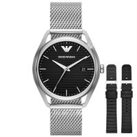 Reloj Emporio Armani Matteo AR80055 Hombre Fecha Set 3 Correas Acero Inoxidable Cuero y Silicona