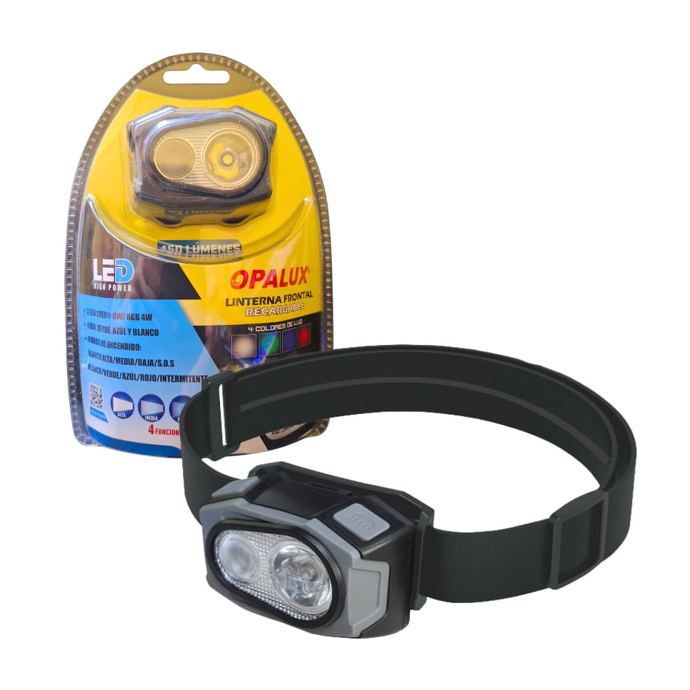 Linterna Frontal RGBW 6W Recargable OPALUX OP-LM1105