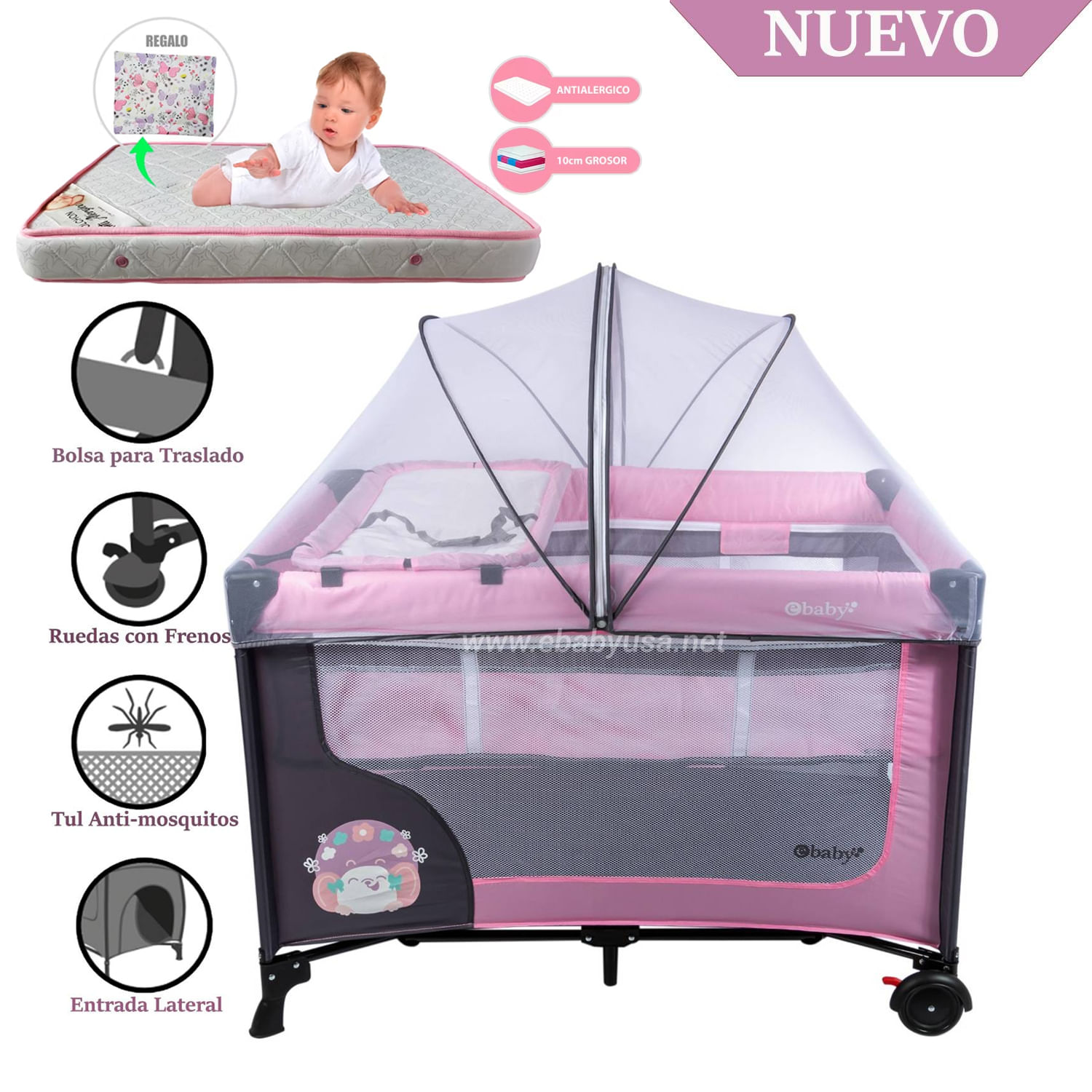 Cuna Corral Ebaby con Cambiador Happy Dream Rosado +Colchón