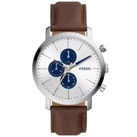 Reloj Fossil Luther BQ2687 Hombre Cronómetro Correa Cuero Marron Dial Plateado
