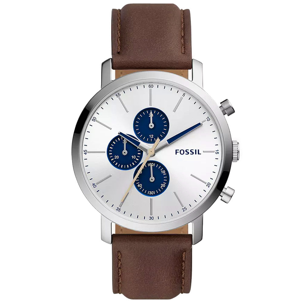 Reloj Fossil Luther BQ2687 Hombre Cronómetro Correa Cuero Marron Dial Plateado