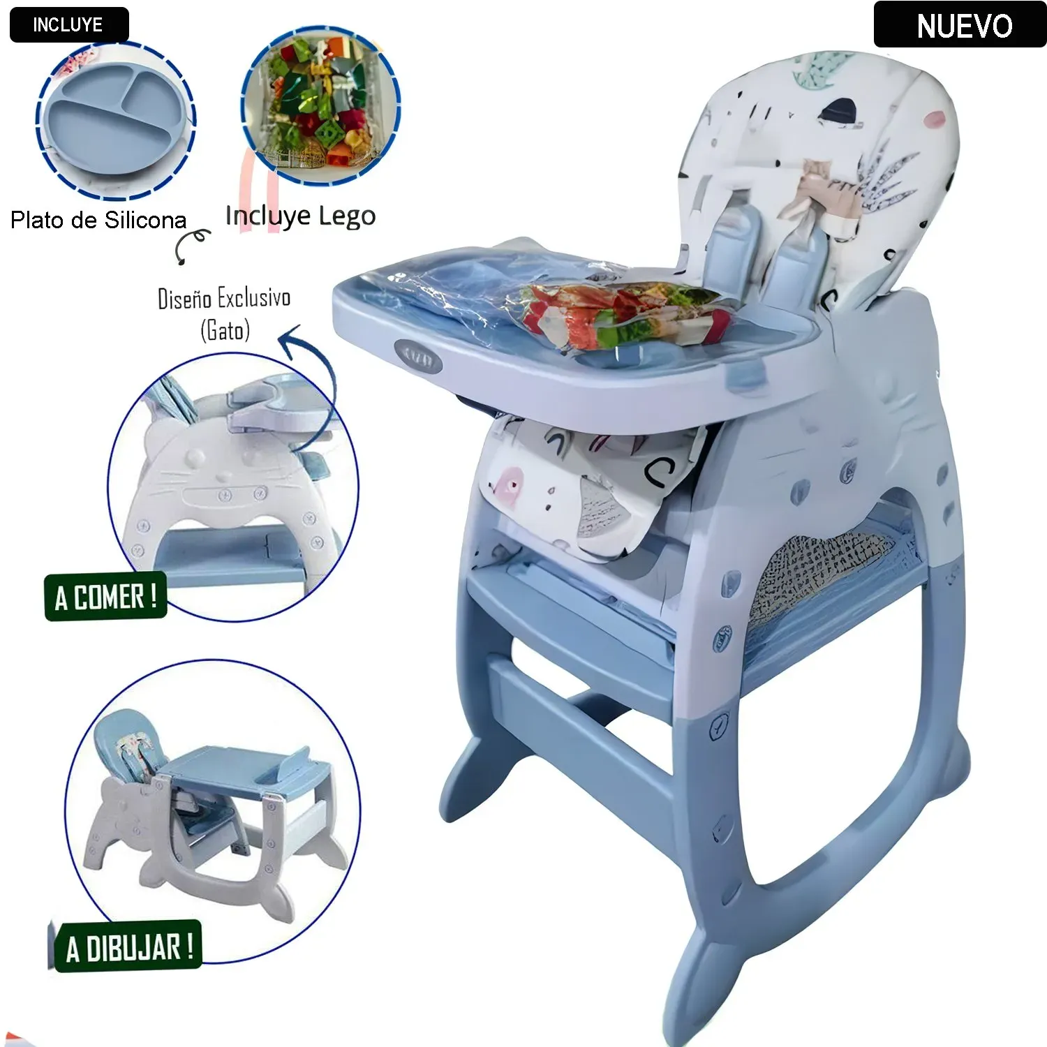 Silla Carpeta Hi Baby Gato 3 en 1 con Plato y Lego Azul