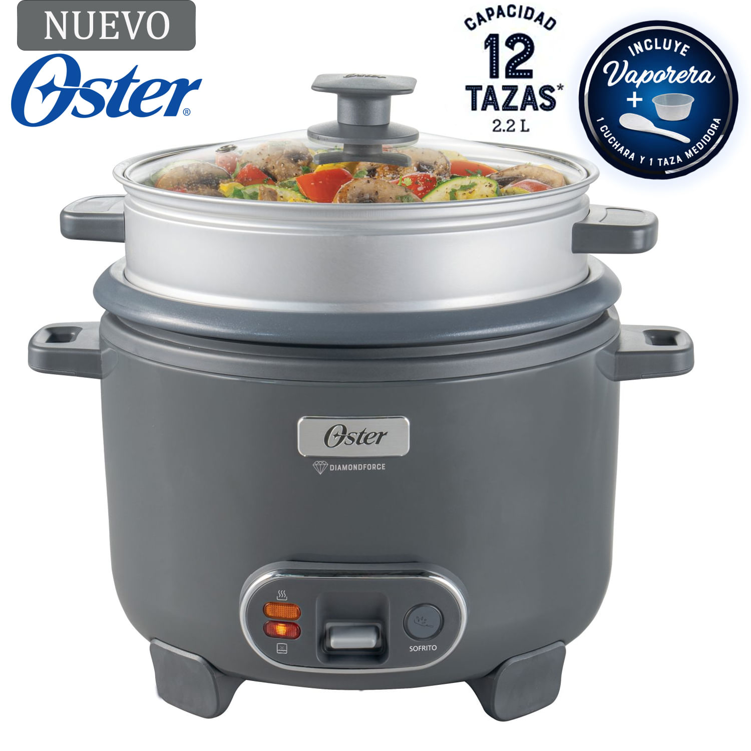 Olla Arrocera Oster 12 Tazas 3 en 1 con Función de Sofrito Vaporera color Gris
