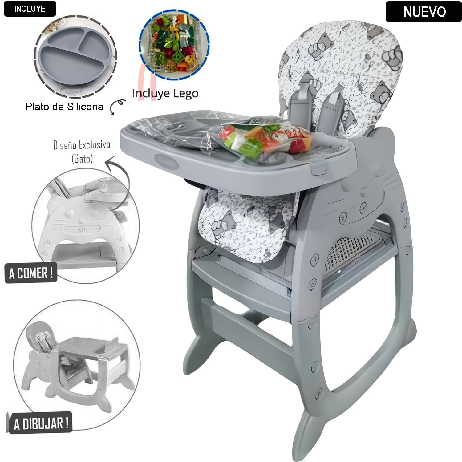 Hi Baby Silla Carpeta 3 en 1 Gris con Plato y Lego