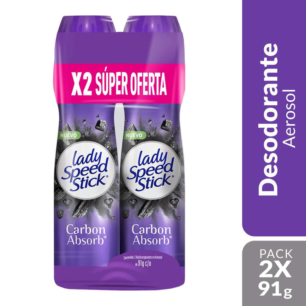 Desodorante para Mujer en Aereosol LADY SPEED STICK Carbon Absorb Spray 91g Frasco 2un