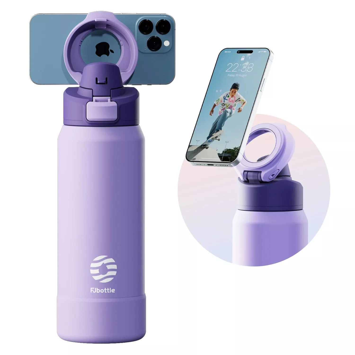 FJbottle - Botella Mug Témico con soporte magnético para teléfono acero inox con tapa de tritán 710m