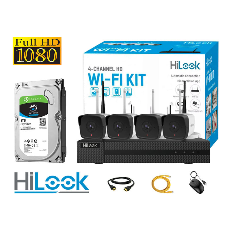 CÁMARAS SEGURIDAD KIT 4 EXTERIOR WIFI HILOOK FULL HD 2MP DISCO 1TB