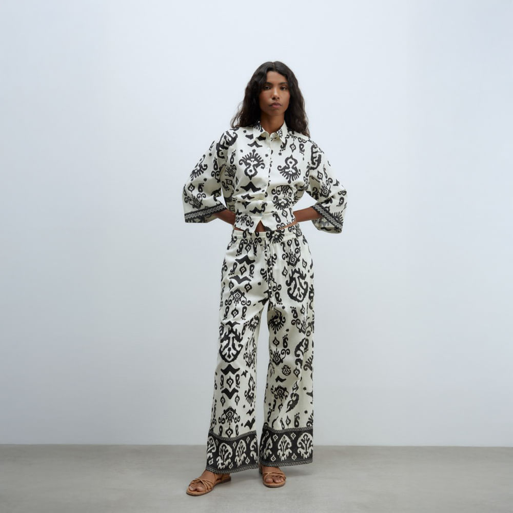 Pantalón Mujer Sfera Estampado Con Lino Negro