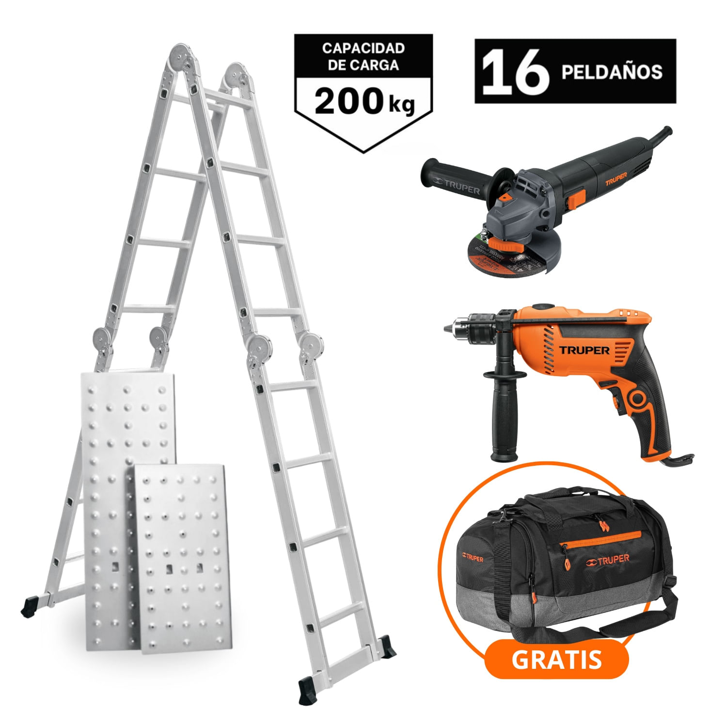 Combo Escalera Multiposición + Taladro 600w + Amoladora 850 Truper