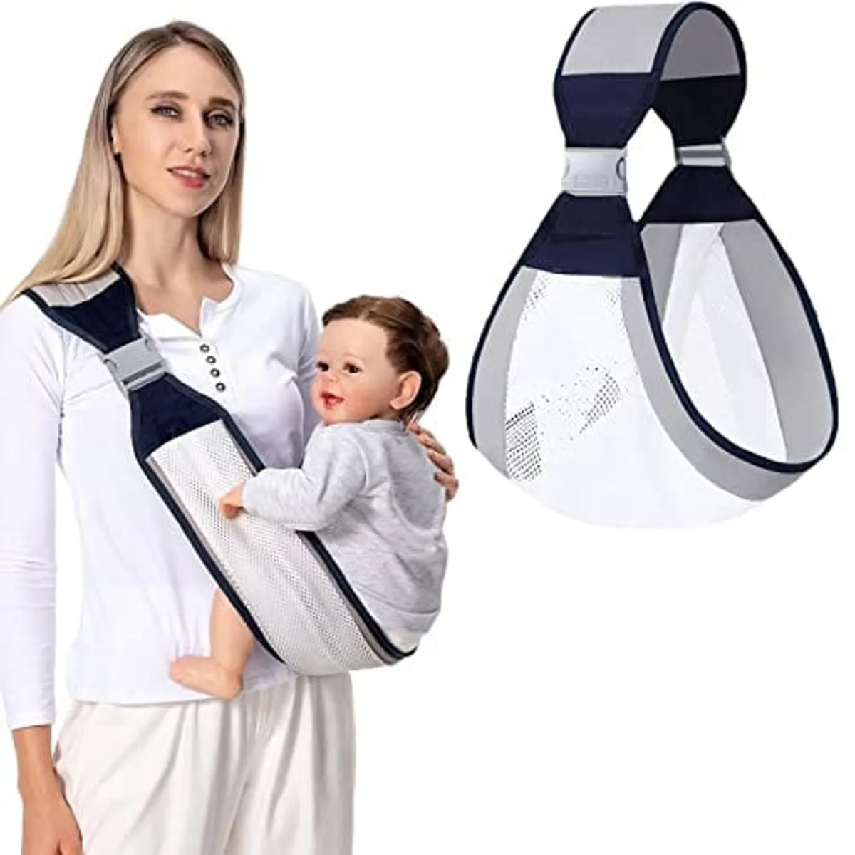 Porta Bebe Fular Azul con Malla Blanca