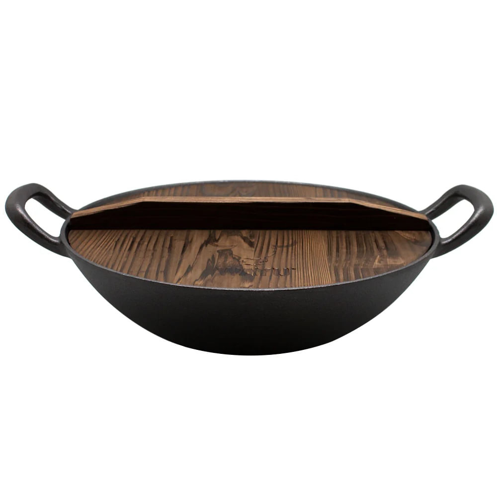 WOK DE HIERRO FUNDIDO CON TAPA DE MADERA WAYU 32 CM DE DIAMETRO
