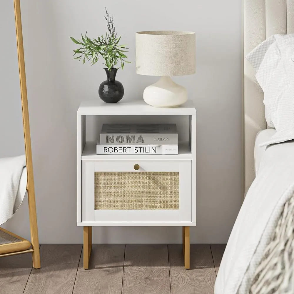 Mesita de Noche con Malla en Ratán Leonard color Blanco 1 puerta TU MESITA