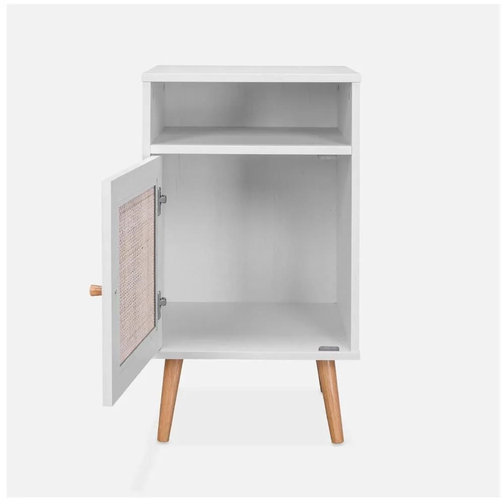 Mesa de Noche Velador Aelu color Blanco con Rejilla de Ratán TU MESITA