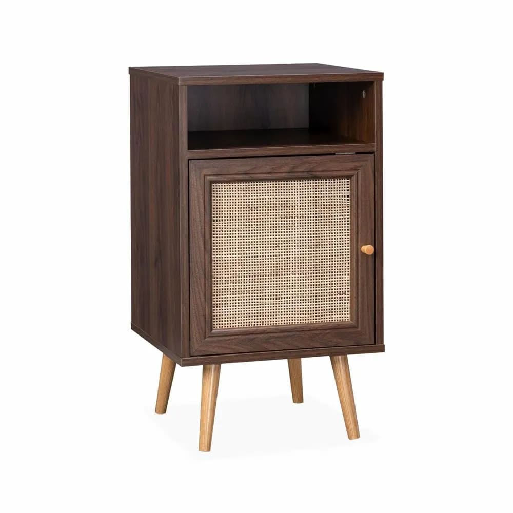 Mesa de Noche Ariosto color Marrón con Rejilla de Ratán 1 puerta TU MESITA