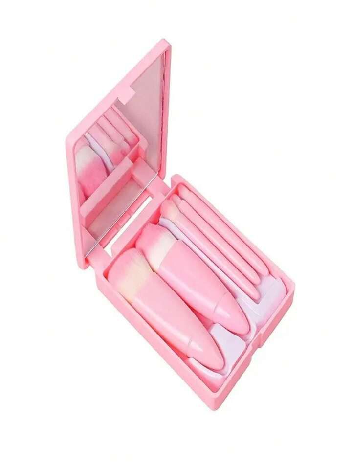Set x 5 Mini Brochas con Estuche y Espejo para Cartera - Rosado