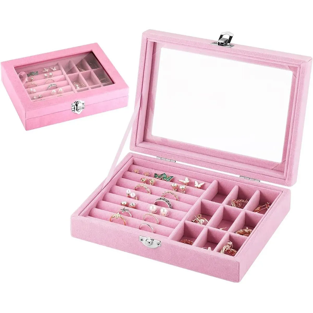 Joyero Cofre Organizador Portátil Multiusos Terciopelo 1 Piso - Rosado