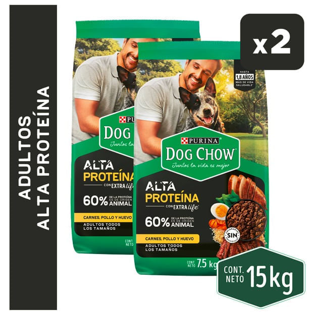 Pack x2 Comida para Perro DOG CHOW Adulto todos los tamaños sabor carne pollo y huevo Bolsa 7.5kg