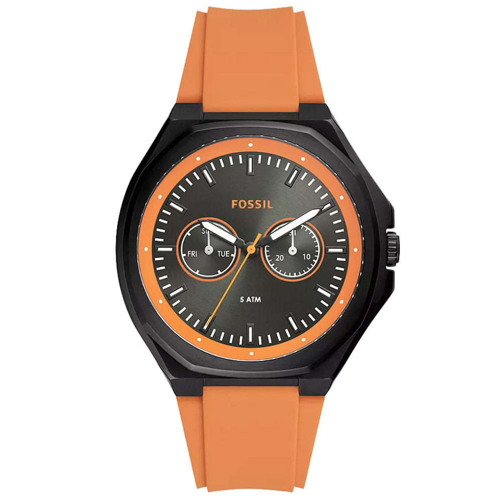 Reloj Fossil Evanston BQ2675 Multifuncional Acero Inoxidable Correa Silicona Naranja
