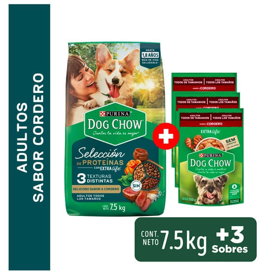 Pack Alimento DOG CHOW Cordero y otras proteínas Bolsa 7.5kg + Alimento Húmedo para Perros Cordero 100gr x3un
