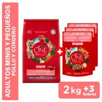 Pack Alimento PURINA One Adultos y Pequeños Sabor Pollo en Bolsa de 2kg + Alimento Húmedo Adulto y Cachorro Sabor Salmón de 85gr x3un