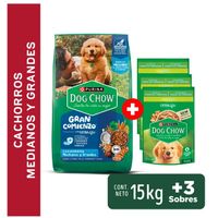 Pack Alimento Húmedo DOG CHOW Cachorros Todos Los Tamaños Pollo 100gr x3un + Alimento Razas Medianas y Grandes Multisabor Bolsa 15Kg