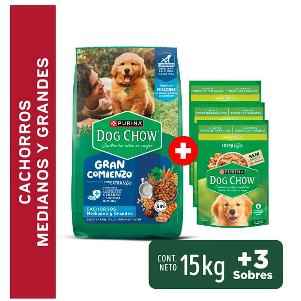 Pack Alimento Húmedo DOG CHOW Cachorros Todos Los Tamaños Pollo 100gr x3un + Alimento Razas Medianas y Grandes Multisabor Bolsa 15Kg