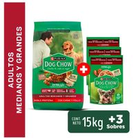 Pack Alimento DOG CHOW Sabor Carne y Pollo 15Kg + Alimento Húmedo para Perro Adultos Cordero 100g x3un