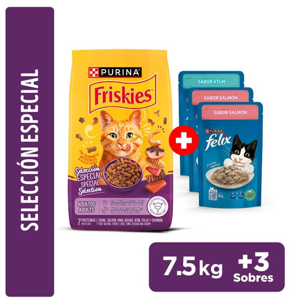 Pack FRISKIES adultos sabor Salmón 7.5Kg + FELIX Classic con Atún 85g + Classic con Salmón 85g x2un