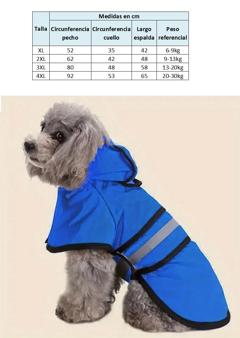 Capa impermeable para perros medianos de 6-9kg azul talla XL