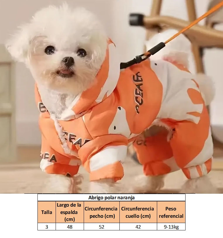 Abrigo naranja con interior polar para perro talla 3