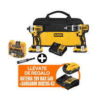 COMBO Dewalt Inalámbrico: Taladro Percutor DCD796 1/2"" + Atornillador de Impacto DCF887 1/4"" 20V + Bateria 5.0Ah 20V Max DCB205 + Cargador
