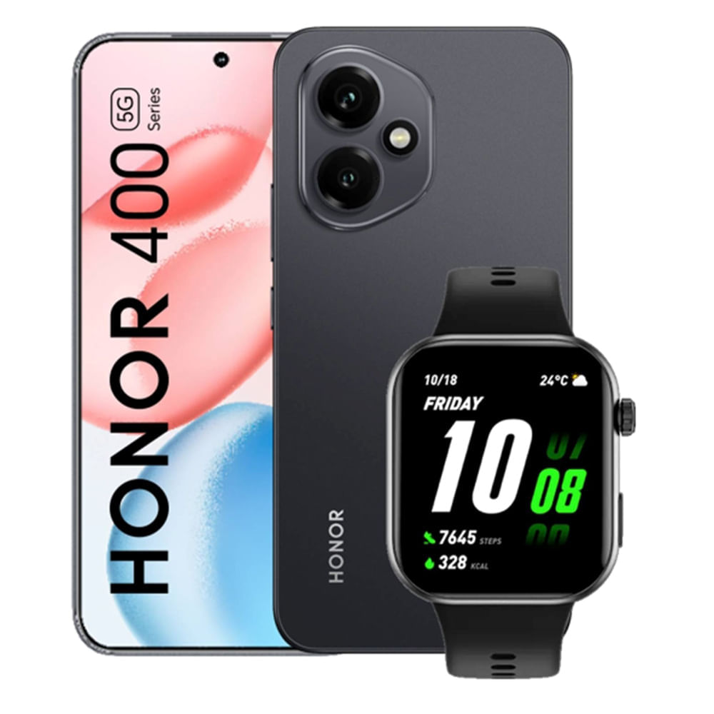 Celular Honor 400 5G 512GB, 12GB RAM, cámara principal 200MP + 12MP, frontal 50MP, 6.55"", negro + Cargador/Case de regalo + SmartWatch 2i