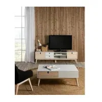Mesa Nórdica de TV Benjamin 65"" color Blanco/Duna 2 cajones 2 puertas TU MESITA