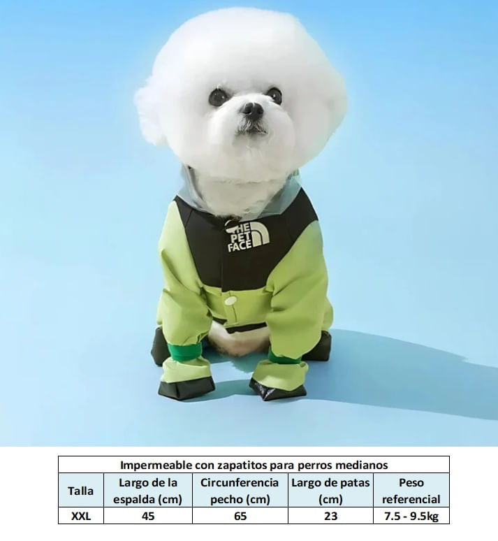 Impermeable completo para perros medianos de 7.5-9.5kg con capucha y zapatos modelo verde