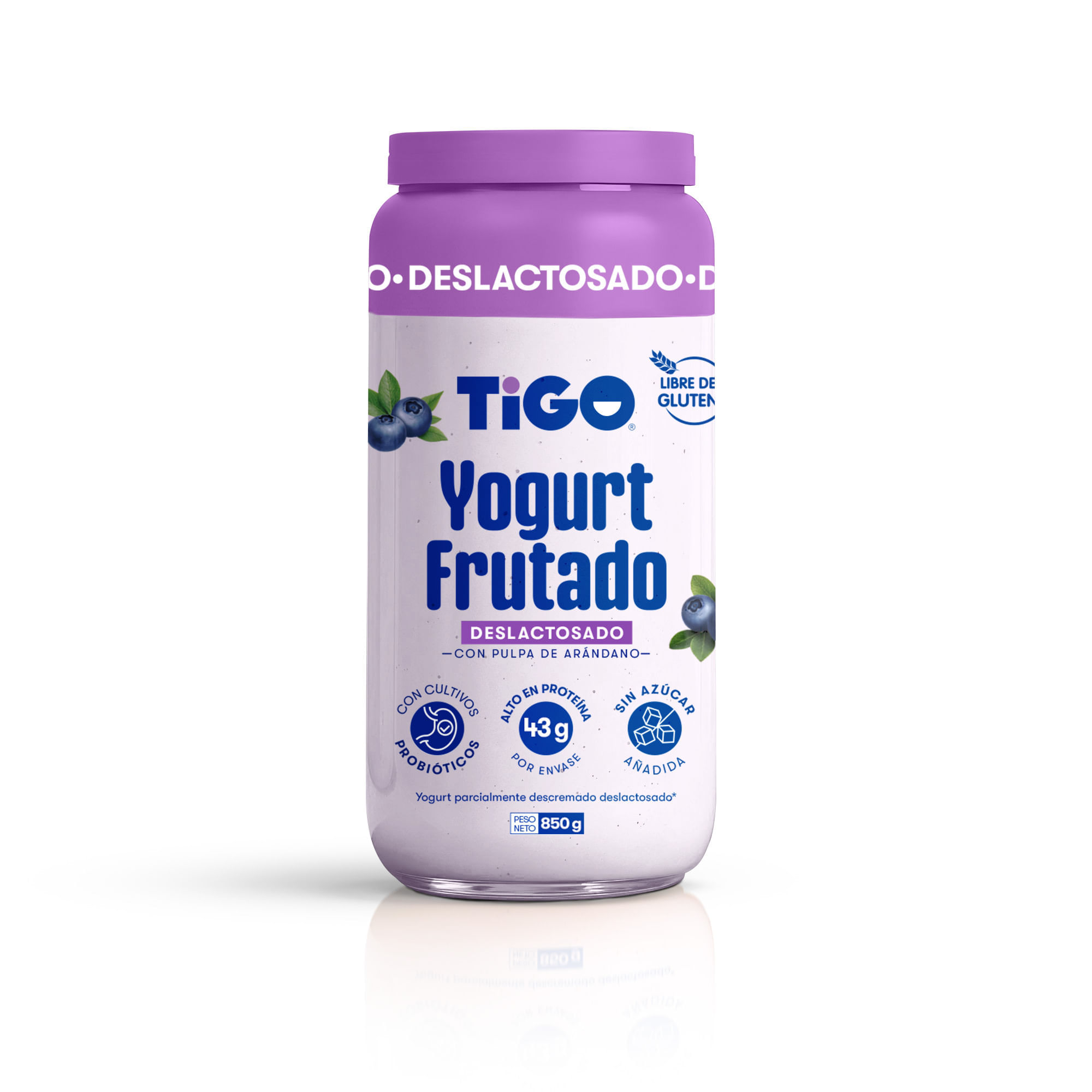 Yogurt Frutado TIGO Deslactosado Sabor a Arándano Frasco 850g